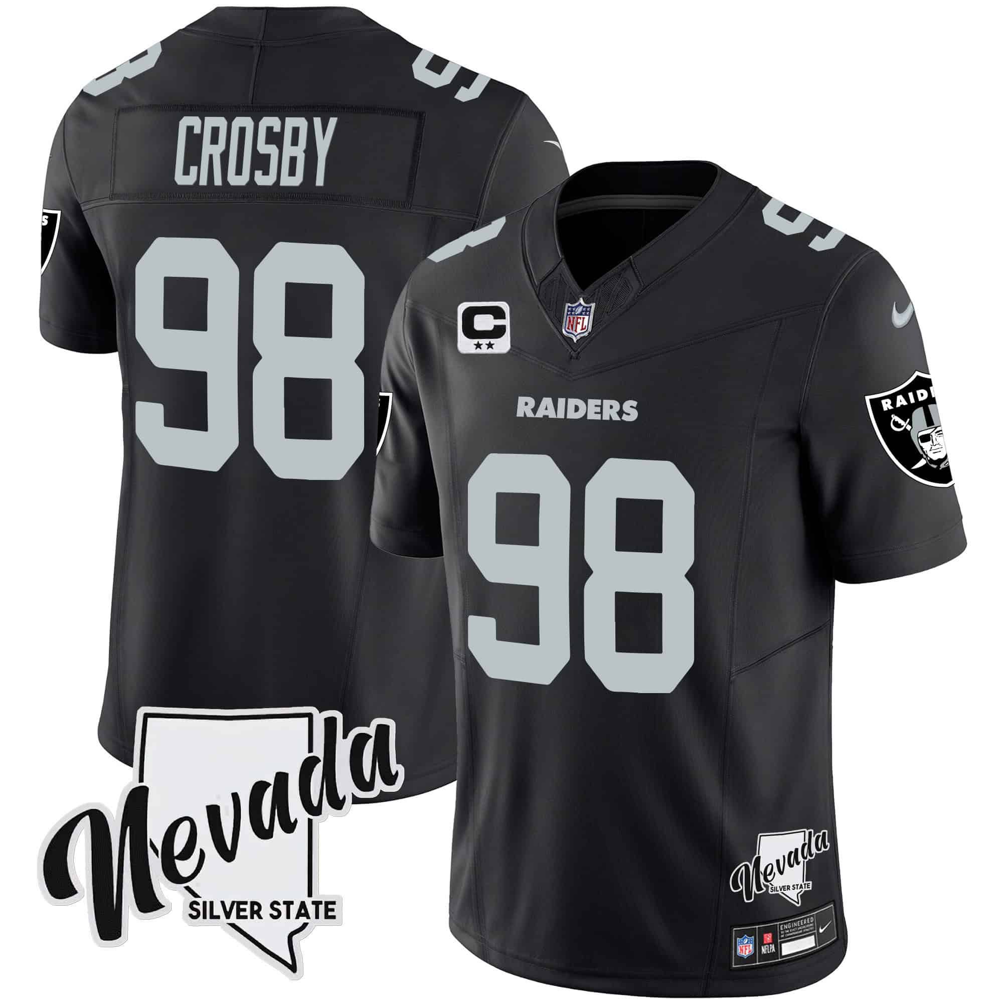 Men Oakland Raiders 98 Crosby Black 2024 Nike Nevada Silver State Patch Vapor NFL Jersey style 1